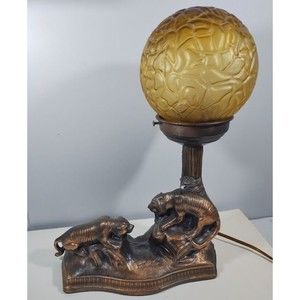 Art Deco Cast Metal Tigers Boudoir Lamp Copper Amber Glass Vintage